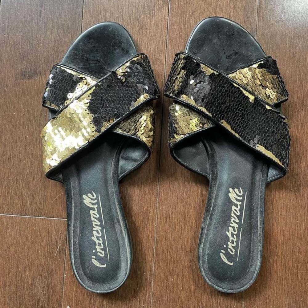 L’Intervalle sequin/leather  slides, 35.5